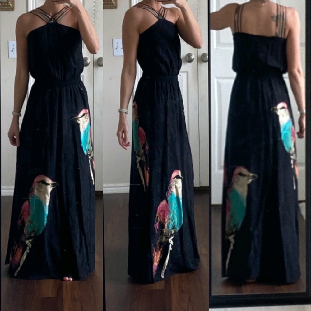 Anthropologie Leifsdottir black teal pink white 100% silk bird print maxi dress